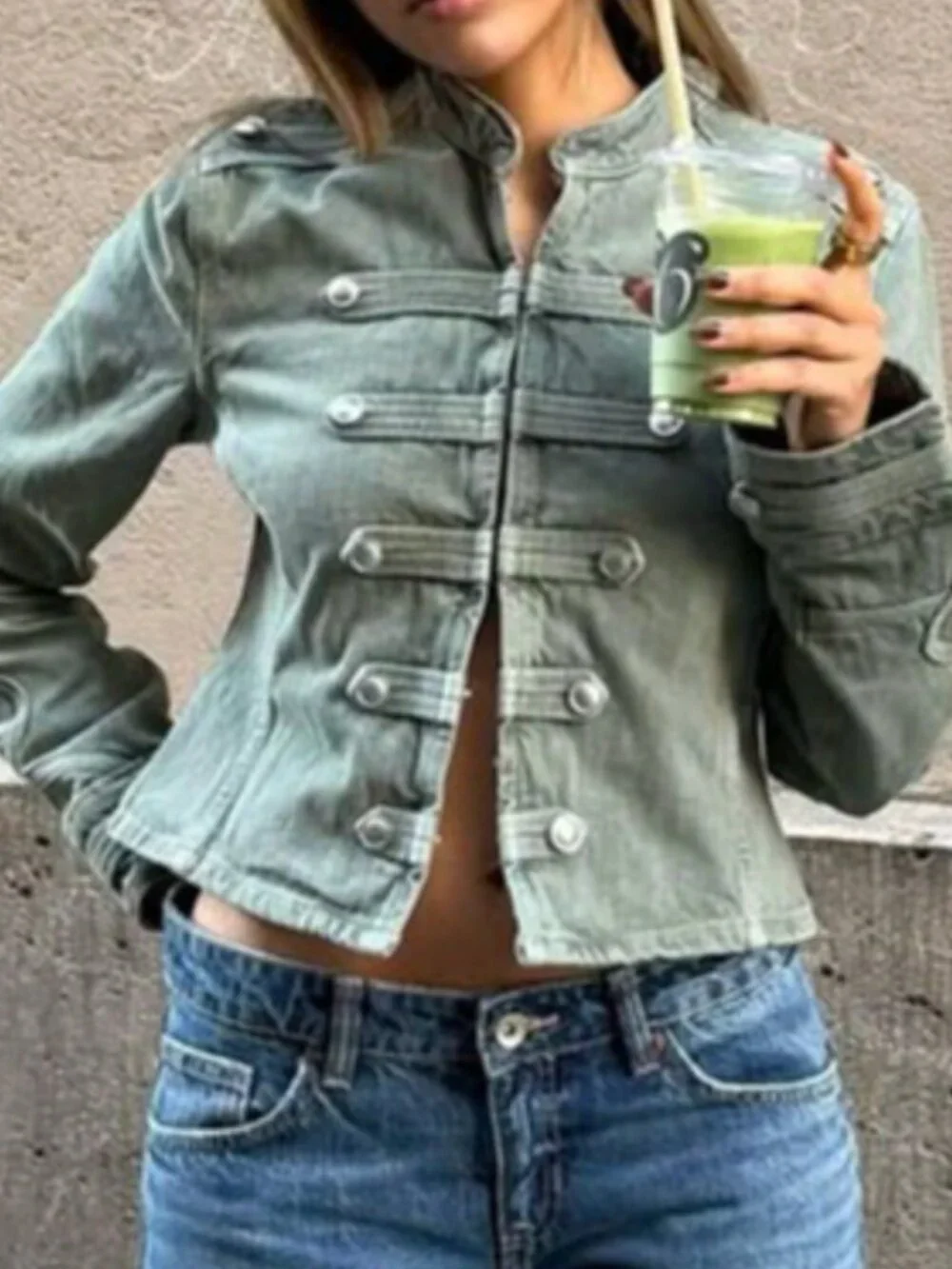 Olive Green Casual Women's Elegant Button Washed Jacket
